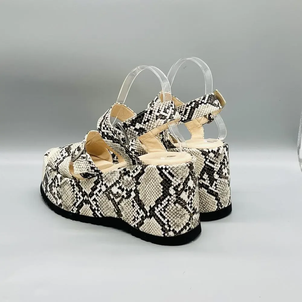 Free People Sandals Womens 9 Beige Synthetic Snake Print Strappy Wedge Shoes